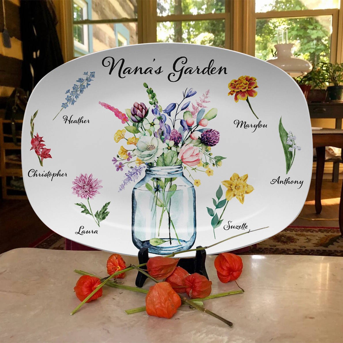 Custom Grandma's Garden Plate With Grandkids Names Birth Month Flower Platter