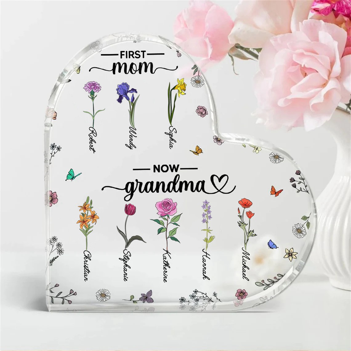 Personalized First Mom Now Grandma Birth Month Flowers Heart Acrylic Plaque