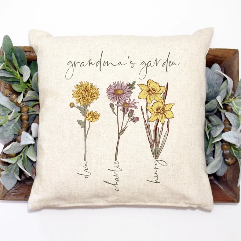 Custom Grandma's Garden Pillow With Grandkids Names Birth Month Flower Pillow