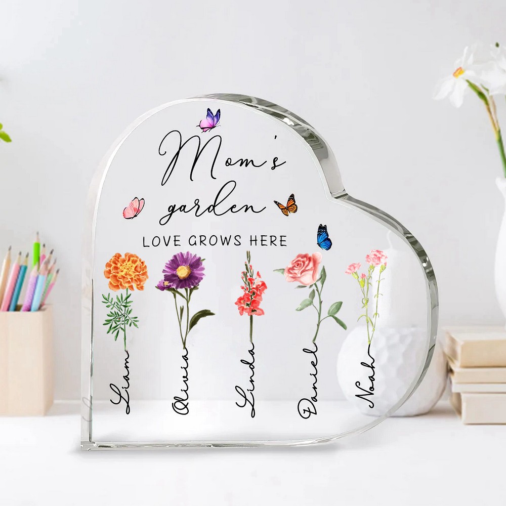 Personalized Mom's Garden Birth Month Flowers Heart Acrylic Plaque