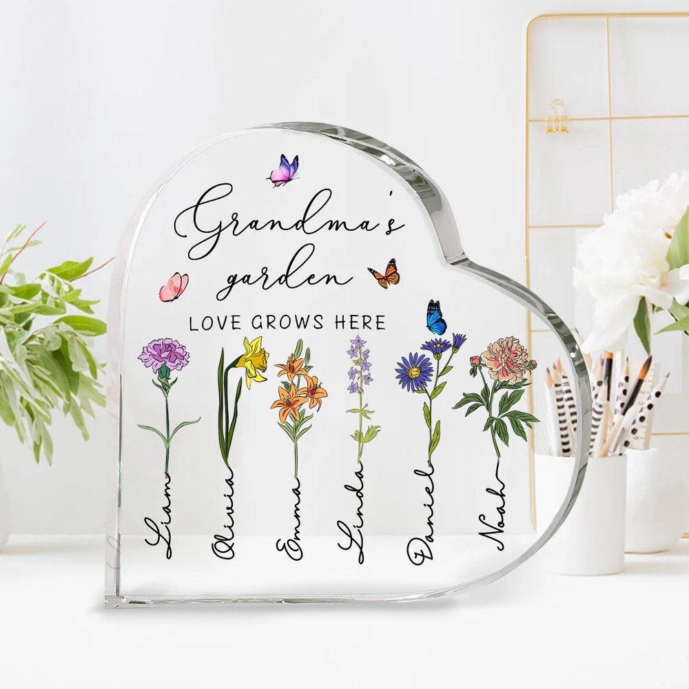 Personalized Grandma's Garden Birth Month Flowers Heart Acrylic Plaque