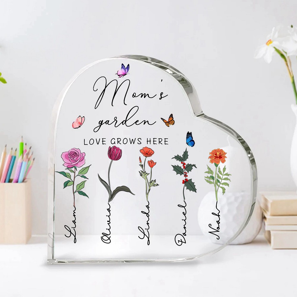 Personalized Mom's Garden Birth Month Flowers Heart Acrylic Plaque