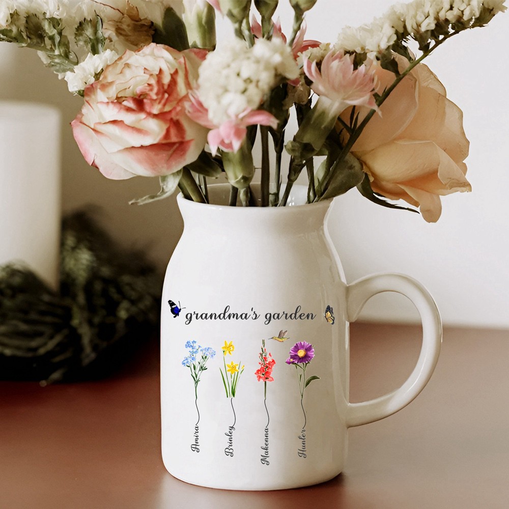 Custom Grandma's Garden Vase With Grandkids Names Birth Month Flower Vase