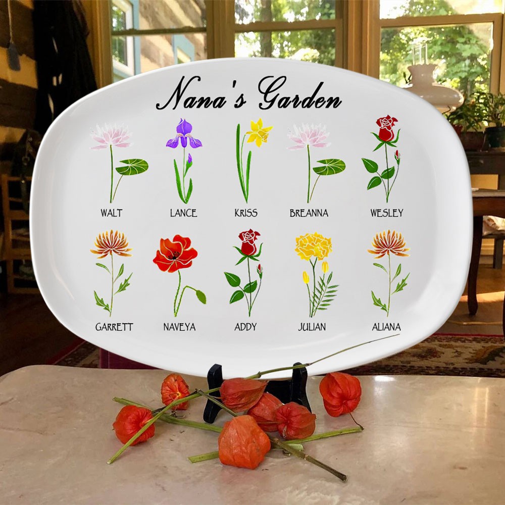 Custom Grandma's Garden Plate With Grandkids Names Birth Month Flower Platter